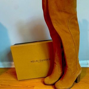 Kelsi Dagger Brooklyn “Logan” Oil Cow Suede in Chestnut Over the Knee Boots